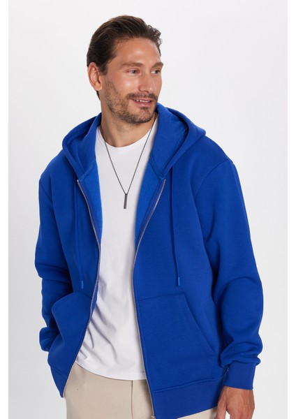 Unisex Relax Fit Rahat Kesim Pamuklu İçi Polarlı Çift Cepli Fermuarlı Sax Mavi Kapüşonlu Sweatshirt