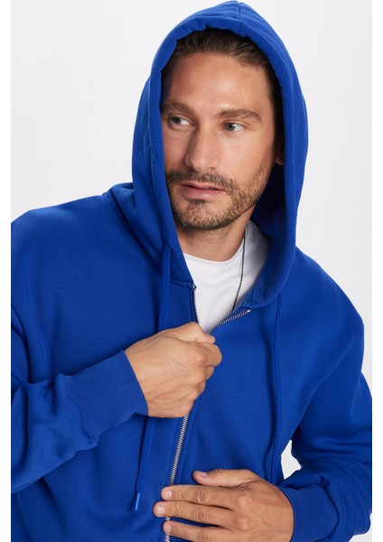 Unisex Relax Fit Rahat Kesim Pamuklu İçi Polarlı Çift Cepli Fermuarlı Sax Mavi Kapüşonlu Sweatshirt