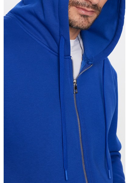 Unisex Relax Fit Rahat Kesim Pamuklu İçi Polarlı Çift Cepli Fermuarlı Sax Mavi Kapüşonlu Sweatshirt