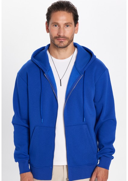 Unisex Relax Fit Rahat Kesim Pamuklu İçi Polarlı Çift Cepli Fermuarlı Sax Mavi Kapüşonlu Sweatshirt