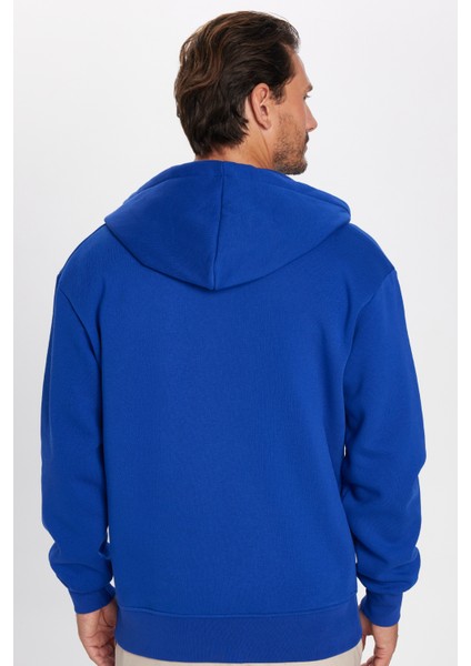 Unisex Relax Fit Rahat Kesim Pamuklu İçi Polarlı Çift Cepli Fermuarlı Sax Mavi Kapüşonlu Sweatshirt