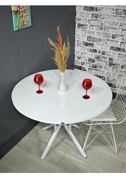 Selin Beyaz Yuvarlak Mutfak Masası Yemek Masası Balkon Masası Metal Beyaz Ayak 90 cm