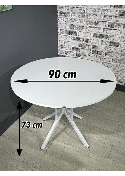 Selin Beyaz Yuvarlak Mutfak Masası Yemek Masası Balkon Masası Metal Beyaz Ayak 90 cm