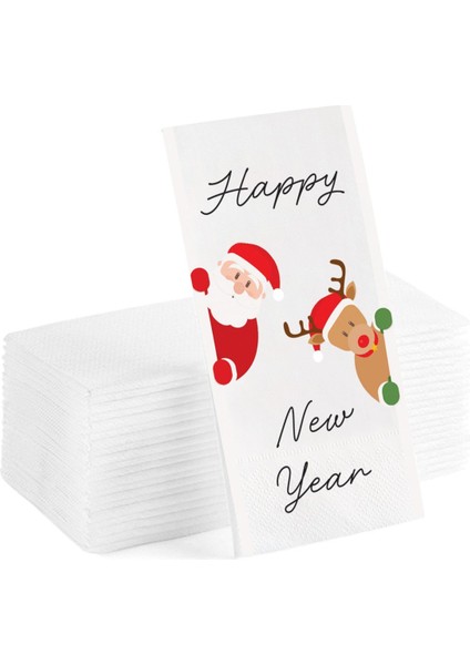 Happy New Year Yazılı Noel Baba Geyik Baskılı Sunum Servis Yeni Yıl Peçetesi 20'li