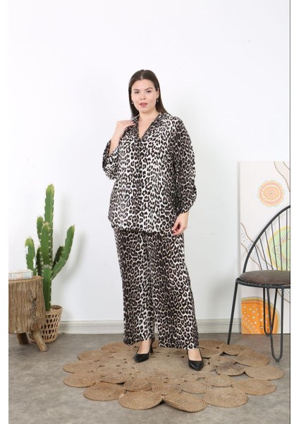 Kadın Büyük Beden Leopar Desenli Gömlek Bel Lastik Detaylı Cepli Pantolon Takımı 24709 modelleri