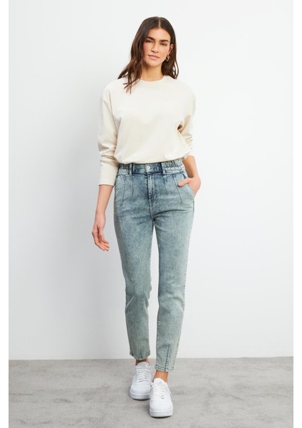 Norah Ice Blue Beli Lastikli Jean Pantolon - Ice Blue