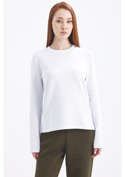 Kadın Uzun Kollu Basic Beyaz T-Shirt-