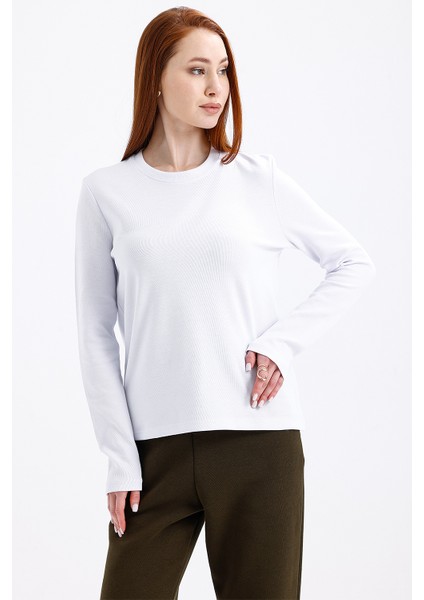 Kadın Uzun Kollu Basic Beyaz T-Shirt- fiyatları