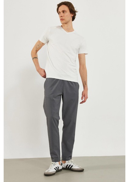 Alfred Beli Lastikli Çizgili Gofre Pantolon - Füme