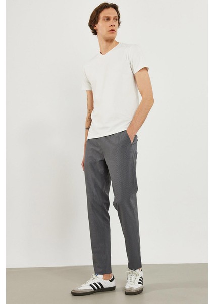 Alfred Beli Lastikli Çizgili Gofre Pantolon - Füme modelleri