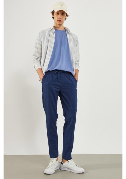 Alfred Beli Lastikli Çizgili Gofre Pantolon - Lacivert
