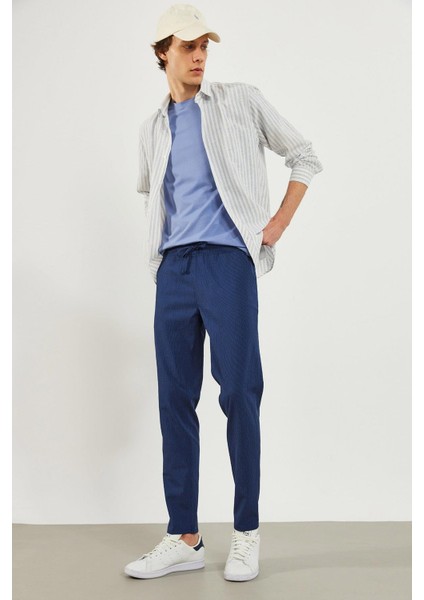 Alfred Beli Lastikli Çizgili Gofre Pantolon - Lacivert modelleri