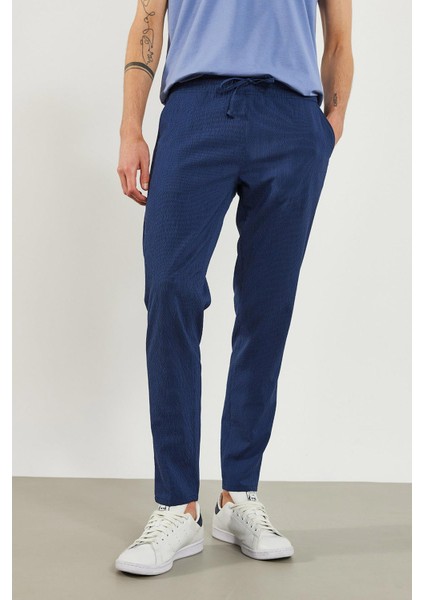 Alfred Beli Lastikli Çizgili Gofre Pantolon - Lacivert fırsatları