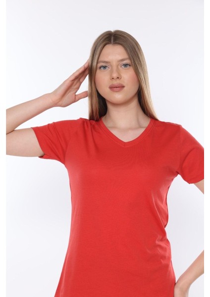 %100 Pamuk Süper Kalite V Yaka Kadın Basic Tişört Örme Pamuk Penye T-Shirt