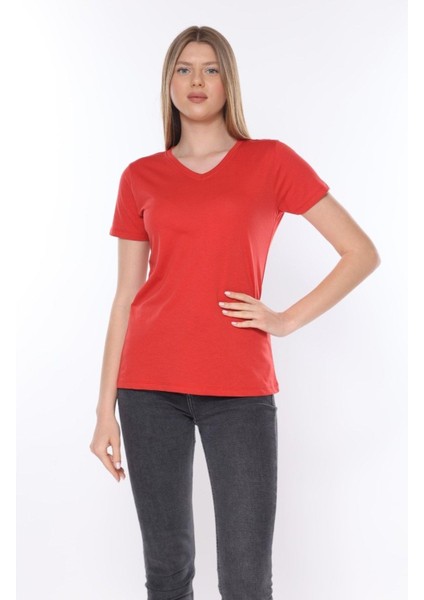 %100 Pamuk Süper Kalite V Yaka Kadın Basic Tişört Örme Pamuk Penye T-Shirt fiyatları