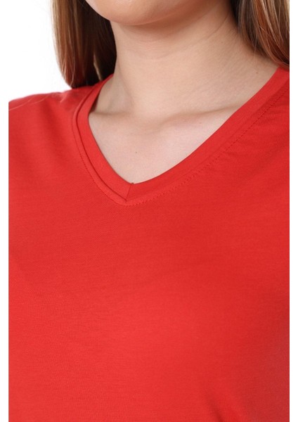 %100 Pamuk Süper Kalite V Yaka Kadın Basic Tişört Örme Pamuk Penye T-Shirt modelleri
