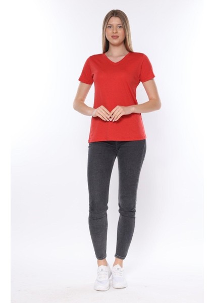 %100 Pamuk Süper Kalite V Yaka Kadın Basic Tişört Örme Pamuk Penye T-Shirt indirimleri