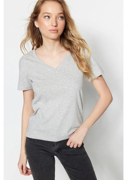 %100 Pamuk Süper Kalite Gri Melanj V-Yaka Kadın Basic Tişört Örme Pamuk Penye T-Shirt