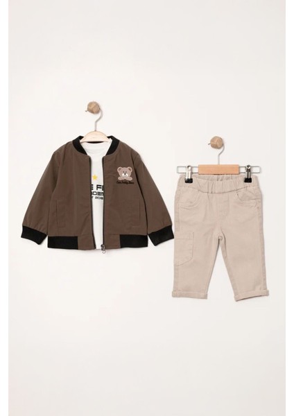 Bear Desenli Ceketli Erkek Çocuk 3 lü takım - Koyu Kahve