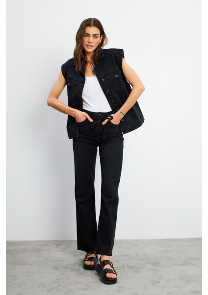 Wanda Kemer Detaylı Black Wide Leg Jean Pantolon - Black