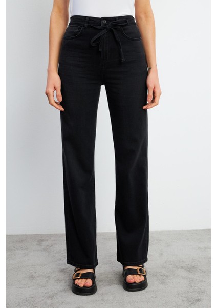 Wanda Kemer Detaylı Black Wide Leg Jean Pantolon - Black fırsatları