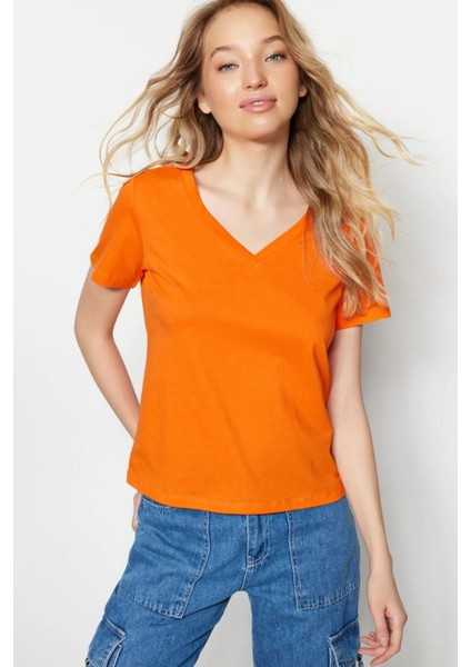 %100 Pamuk Süper Kalite Oranj V-Yaka Kadın Basic Tişört Örme Pamuk Penye T-Shirt Turuncu Orange modelleri