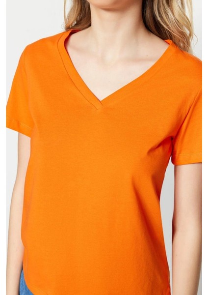 %100 Pamuk Süper Kalite Oranj V-Yaka Kadın Basic Tişört Örme Pamuk Penye T-Shirt Turuncu Orange fırsatları