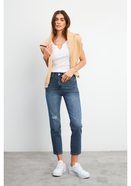 Jessica Dark Blue Mom Jean Pantolon - Dark Blue