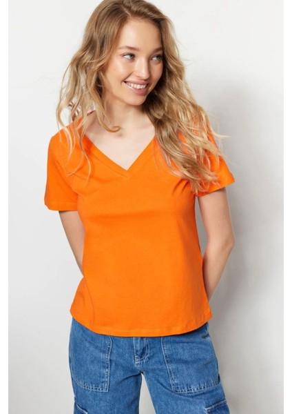 %100 Pamuk Süper Kalite Oranj V-Yaka Kadın Basic Tişört Örme Pamuk Penye T-Shirt Turuncu Orange