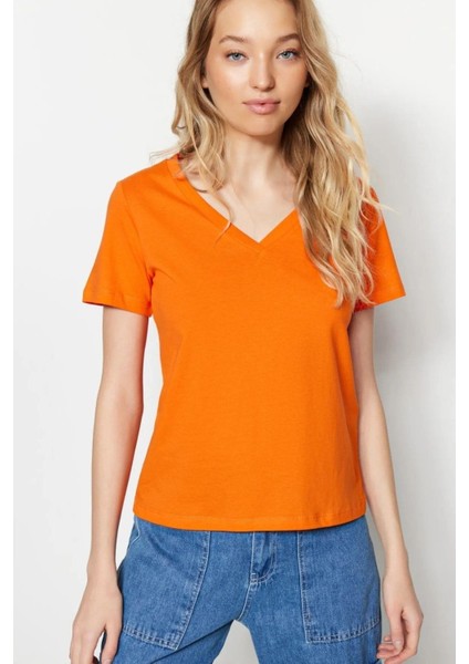 %100 Pamuk Süper Kalite Oranj V-Yaka Kadın Basic Tişört Örme Pamuk Penye T-Shirt Turuncu Orange fiyatları