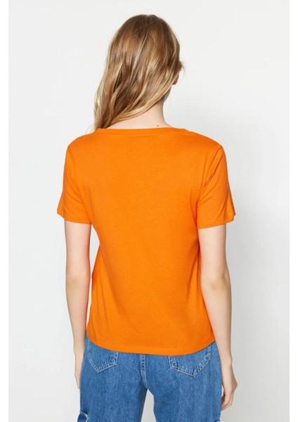 %100 Pamuk Süper Kalite Oranj V-Yaka Kadın Basic Tişört Örme Pamuk Penye T-Shirt Turuncu Orange indirimleri