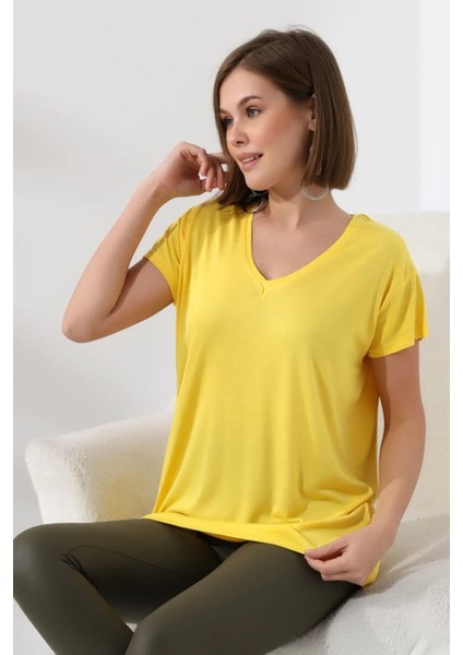 Süper Kalite Sarı V Yaka Kadın Tişört Düz Renk Basic Organik Pamuk Örme Penye T-Shirt