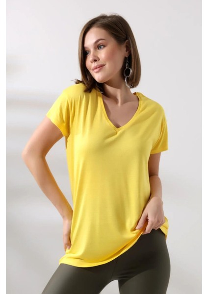 Süper Kalite Sarı V Yaka Kadın Tişört Düz Renk Basic Organik Pamuk Örme Penye T-Shirt fiyatları