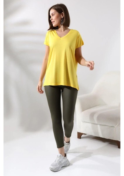 Süper Kalite Sarı V Yaka Kadın Tişört Düz Renk Basic Organik Pamuk Örme Penye T-Shirt modelleri