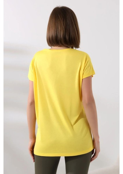 Süper Kalite Sarı V Yaka Kadın Tişört Düz Renk Basic Organik Pamuk Örme Penye T-Shirt fırsatları