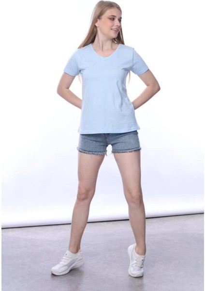 Süper Kalite Mavi V Yaka Kadın Tişört Düz Renk Basic Organik Pamuk Örme Penye T-Shirt fırsatları
