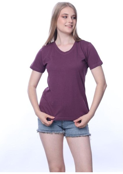 Süper Kalite Mürdüm V Yaka Kadın Tişört Düz Renk Basic Organik Pamuk Örme Penye T-Shirt