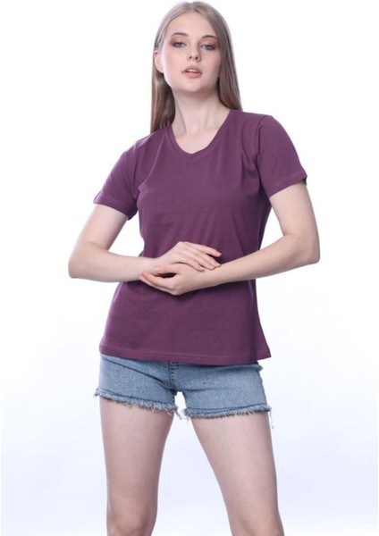 Süper Kalite Mürdüm V Yaka Kadın Tişört Düz Renk Basic Organik Pamuk Örme Penye T-Shirt fiyatları