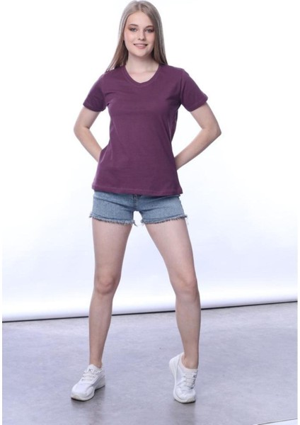 Süper Kalite Mürdüm V Yaka Kadın Tişört Düz Renk Basic Organik Pamuk Örme Penye T-Shirt modelleri