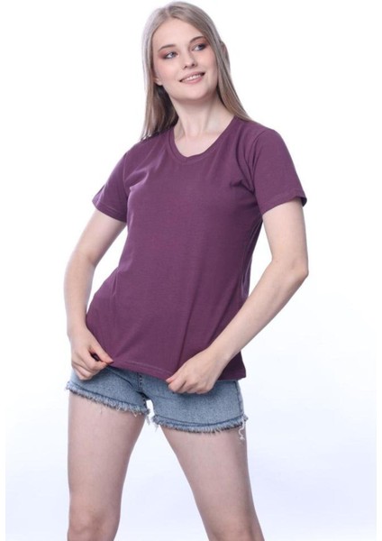 Süper Kalite Mürdüm V Yaka Kadın Tişört Düz Renk Basic Organik Pamuk Örme Penye T-Shirt indirimleri