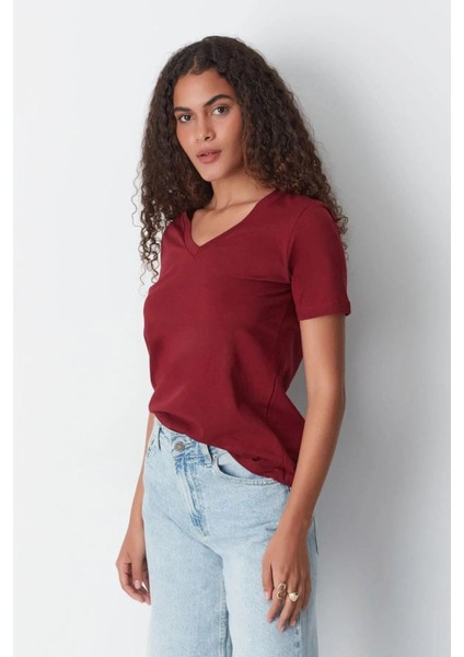 %100 Pamuk Süper Kalite Bordo V Yaka Kadın Basic Tişört Örme Pamuk Penye T-Shirt