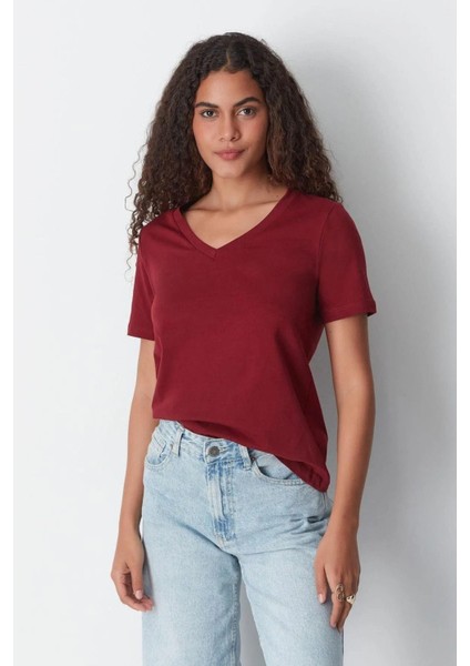 %100 Pamuk Süper Kalite Bordo V Yaka Kadın Basic Tişört Örme Pamuk Penye T-Shirt modelleri