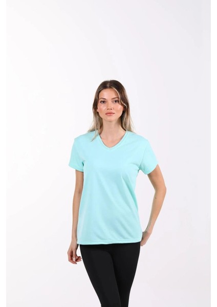 %100 Pamuk Süper Kalite Mint V Yaka Kadın Basic Tişört Örme Pamuk Penye T-Shirt