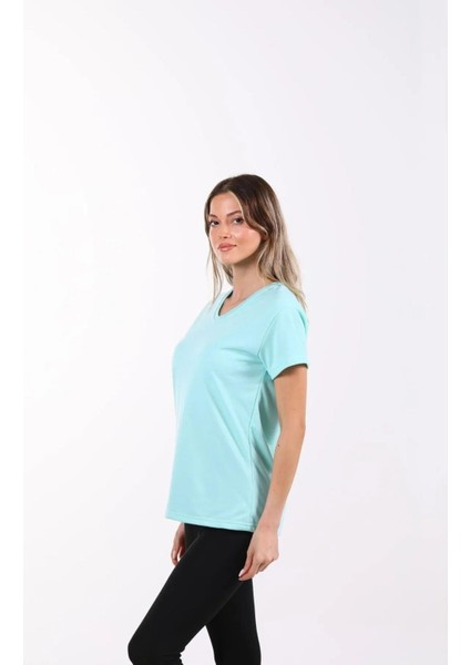 %100 Pamuk Süper Kalite Mint V Yaka Kadın Basic Tişört Örme Pamuk Penye T-Shirt fiyatları