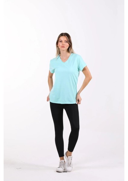 %100 Pamuk Süper Kalite Mint V Yaka Kadın Basic Tişört Örme Pamuk Penye T-Shirt indirimleri