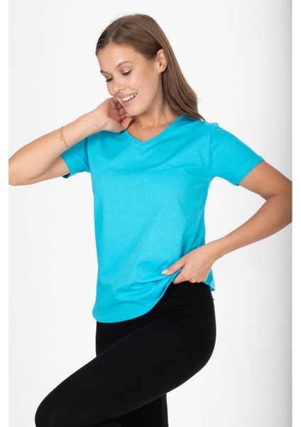 %100 Pamuk Süper Kalite Turkuaz Mavisi V Yaka Kadın Basic Tişört Örme Pamuk Penye T-Shirt