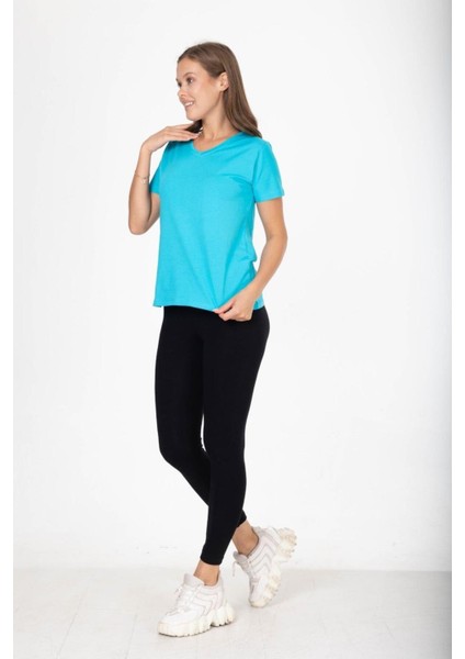 %100 Pamuk Süper Kalite Turkuaz Mavisi V Yaka Kadın Basic Tişört Örme Pamuk Penye T-Shirt indirimleri