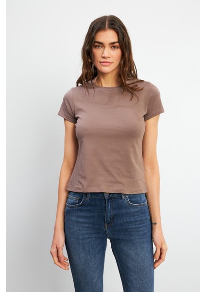 Rachel Bisiklet Yaka Slim Fit Basic Tişört - Vizon fiyatları