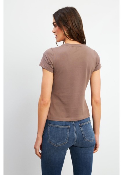 Rachel Bisiklet Yaka Slim Fit Basic Tişört - Vizon modelleri