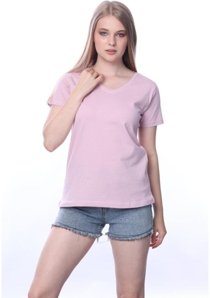 Süper Kalite Pembe V Yaka Kadın Tişört Düz Renk Basic Organik Pamuk Örme Penye T-Shirt